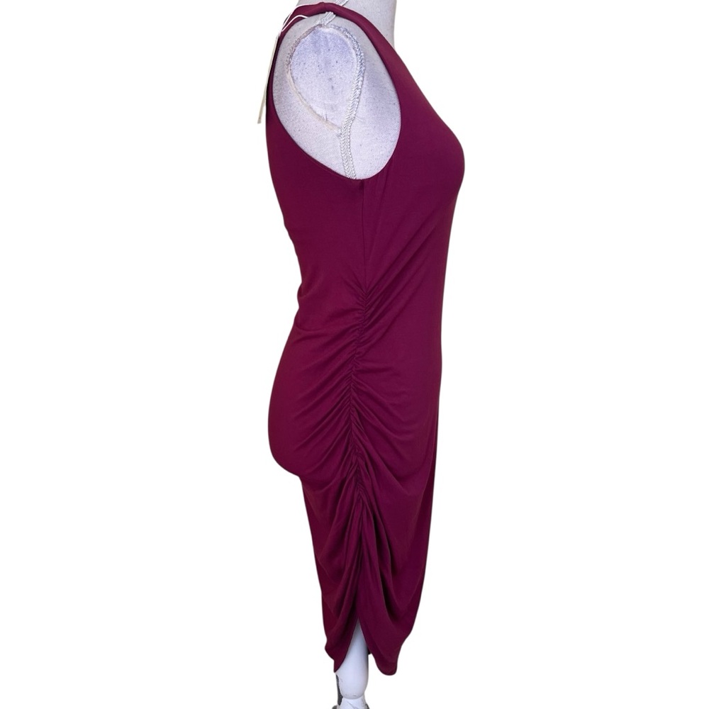 Halara Red Violet Round Neck Ruched Asymmetric Hem BodyCon Sleeveless Mini Dress - Picture 5 of 9